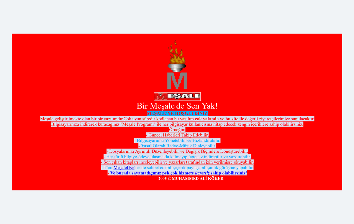 Meşale Yazılım website design and introductory text from 2005