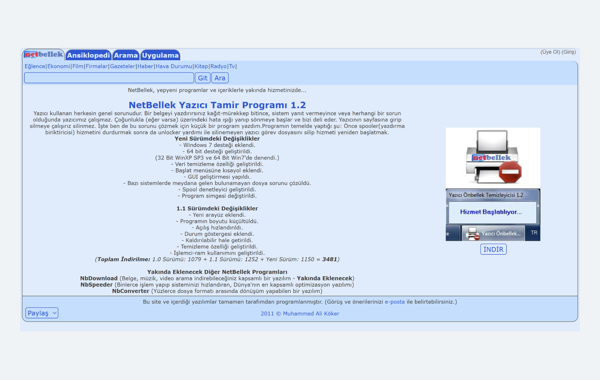 NetBellek.com website design in 2011 showing the Yazıcı Tamir 1.2 product page