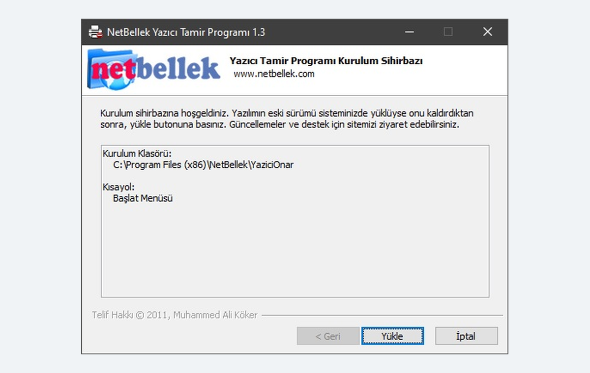 NetBellek Yazıcı Tamir 1.3 setup wizard from 2011