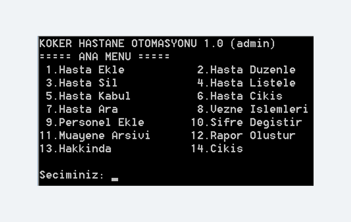 Console menu of Köker Hospital Automation 1.0 written in C in 2012