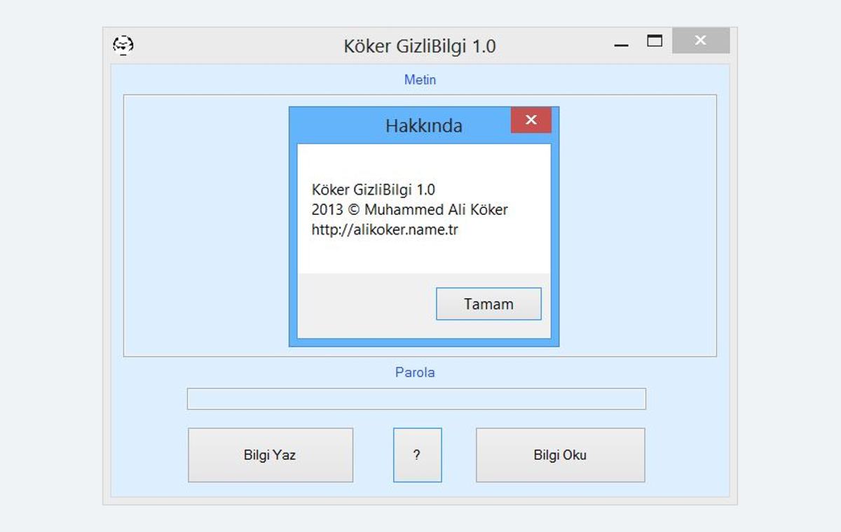 Köker GizliBilgi 1.0 desktop interface and About window from 2013