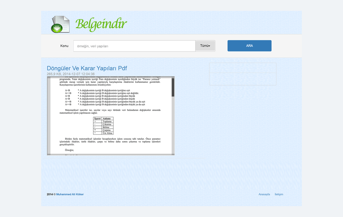 Document search interface of the Belgeindir.com web application in 2014