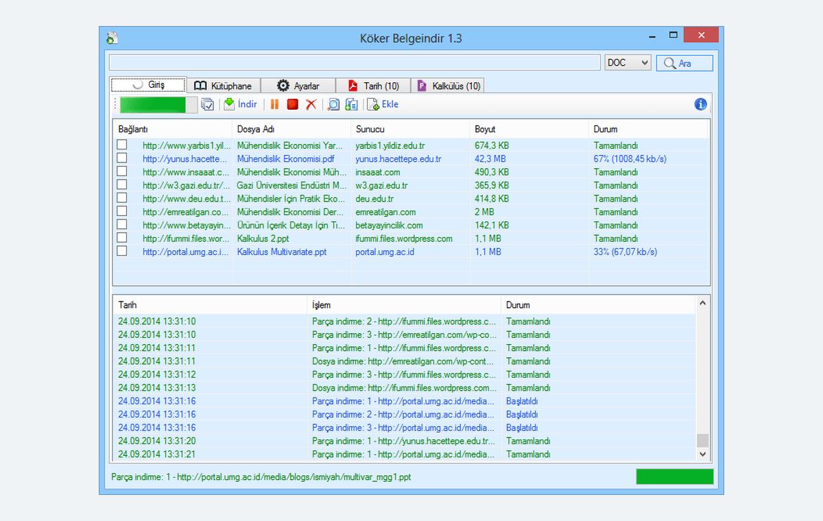 Search results and log areas of the Köker Belgeİndir 1.3 desktop application in 2014