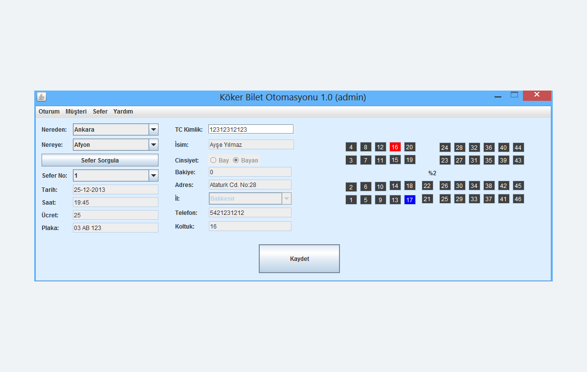 Passenger and seat operation screen of Köker Ticket Automation written in Java
